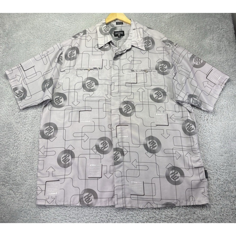 Vtg Rocawear Mens Shirt  XXL 2XL Gray Button Up All Over Print Hip Hop 90s Y2K